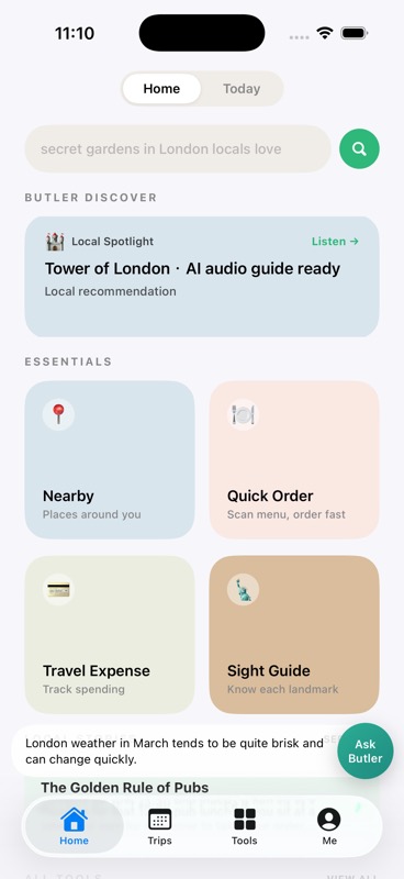 TripPup home screen showing Butler, nearby discovery, quick order, expenses, and local stories